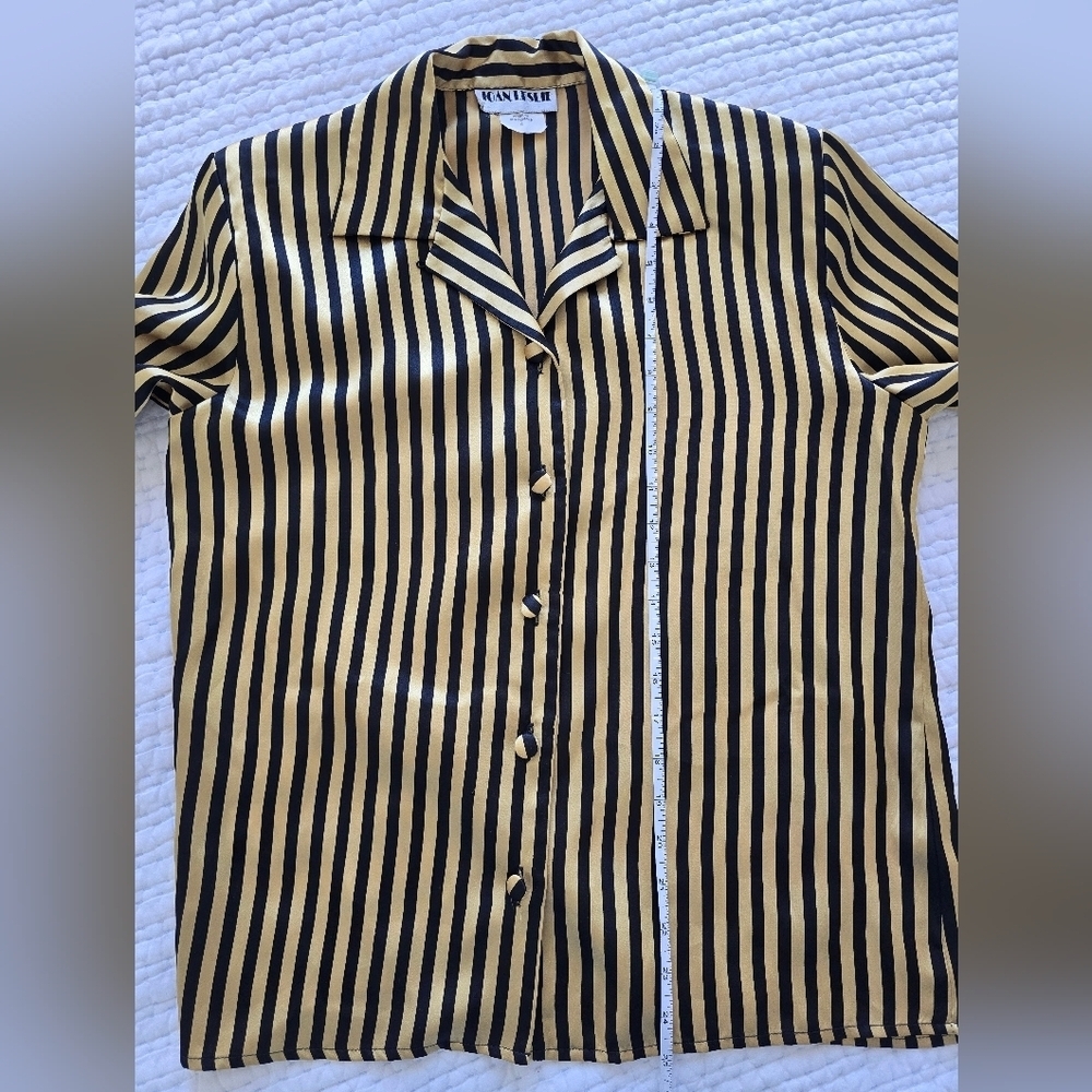 Vintage Joan Leslie Satin Stripe Button Front Blouse Black Gold Luxe Chic Size 6 - Picture 5 of 8